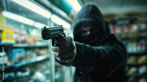 A man wearing a mask is holding a gun directed towards the camera. The individual's face is concealed, highlighting themes of robbery, crime, and violence.