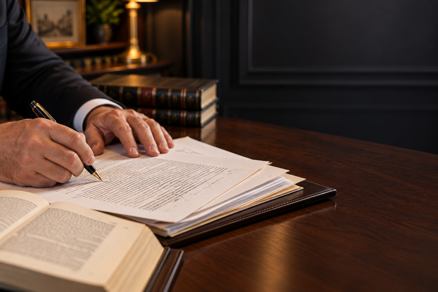 Attorney signing legal documents at a walnut desk
